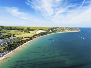 Swanage and Swanage Bay from a drone, Jurassic Coast, Dorset Coast, Poole, England, United Kingdom,