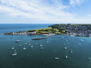 Swanage and Swanage Bay from a drone, Jurassic Coast, Dorset Coast, Poole, England, United Kingdom,