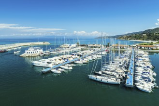 Port and Marina in Tropea from a drone, Tyrrhenian Sea, Calabria, Italy, Europe