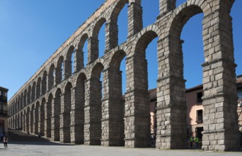 An ancient aqueduct with multiple arches and built of robust stone, under a clear blue sky,