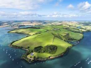 Salcombe and Mill Bay over Kingsbridge Estuary from a drone, Batson Creek, Southpool Creek, Devon,