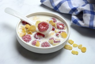 Raspberries and cornflakes with milk in a bowl, Rubus idaeus