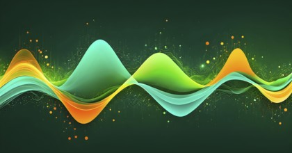 Abstract illustration of digital wave forms and circuits converging to form abstract symbols of