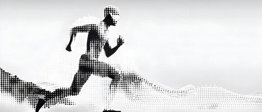 Wave of data points shaping into a runners silhouette, abstract illustration in black and white,