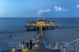 The pier of Sellin, evening mood, sunset, 394 metres long, with restaurant, jetty, island of Rügen,