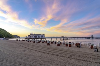 The pier of Sellin, evening mood, sunset, 394 metres long, with restaurant, jetty, beach chairs,