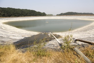 27 July 2018 Low water level in farm irrigation lake after long summer drought, Ramsholt, Suffolk,