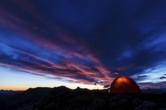 Tent in mountain landscape, Sarek National Park, World Heritage Laponia, Norrbotten, Lapland,