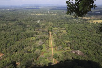 View of water gardens from rock palace fort, Sigiriya, Central Province, Sri Lanka, Asia