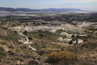 View over village house and plastic farming in the valley from Nijar, Almeria, Spain, Europe