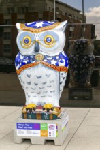 Big Hoot 2022, art trail event large painted owl sculpture in town centre, Ipswich, Suffolk,