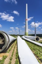 Repowering of a wind farm, near Brilon-Radlinghausen, 2 old turbines are demolished, rotors and