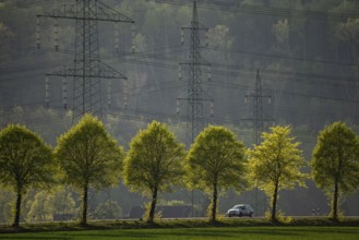 Traffic on the B59 motorway near Grevenbroich, avenue, high-voltage pylons, Germany, Europe