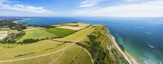 Panorama of Ballard Cliff over Studland from a drone, Jurassic Coast, Dorset Coast, Poole, England,