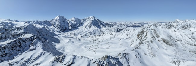 Aerial view, snow-covered mountain landscape, view of Ortler, Monte Zebrù, Königsspitze in the