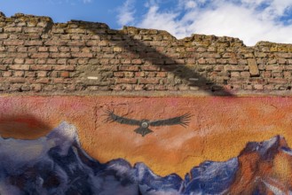 Colourful graffito with the image of an Andean condor (Vultur gryphus), street art in the city of