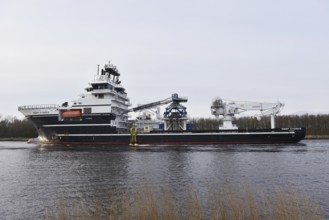 Offshore wind farm supply ship Deep Cygnus in the Kiel Canal, Schleswig-Holstein, Germany, Europe