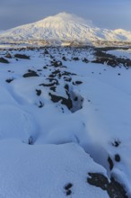 Lava field in front of a volcano, evening light, sun, snow, winter, Arnarstapi, Snaefellsjökull,