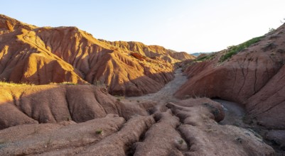 Erosion landscape of red and yellow sandstone, rock formations at sunrise, Skazka Canyon, fairytale