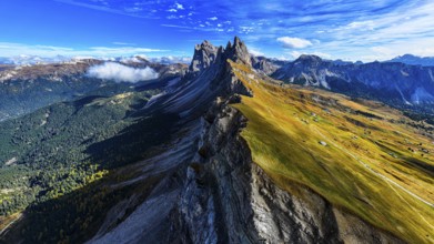 The Sas Rigais and Furchetta peaks of the Odle Group, drone shot, Val Gardena, Dolomites,