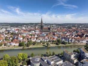 Aerial view of Ulm's historic city centre with the Danube and the cathedral, Ulm,