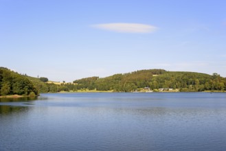 View over the Hennesee, blue sky with a cloud, Hennetalsperre, Naturpark Sauerland-Rothaargebirge,