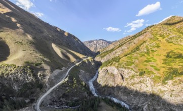 Mountain landscape with river in a narrow mountain valley in autumn, Little Naryn or Kichi-Naryn,