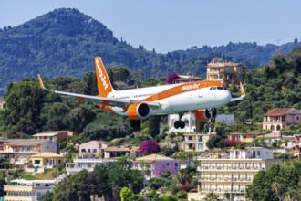 An EasyJet Airbus A321neo aircraft with the registration G-UZME at Corfu Airport, Greece, Europe