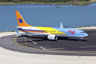 A TUI Boeing 737 MAX 8 aircraft with the registration D-AMAH at Corfu Airport, Greece, Europe