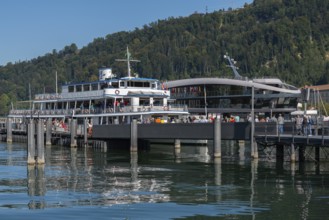 Bregenz on Lake Constance, harbour with excursion boats, tourists, capital of Voralberg, Austria,