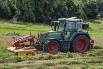 A Fendt 312 Vario tractor with Pöttinger mower mowing a meadow, Hegau, Baden-Württemberg, Germany,