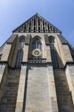 Detailed view, east facade of Salem Minster, tracery, church windows, Gothic architectural style,