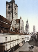 Ghent. The Belfry. The church of St Nicholas and Bavo, Belgium, Historical, digitally restored