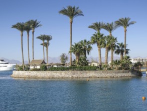 Palm island in front of the Marriott Beach Resort, Hurghada, Egypt, Africa