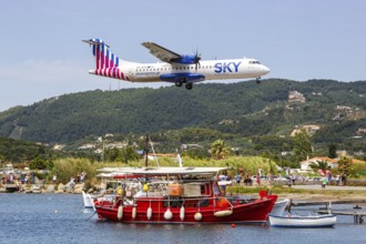 An ATR 72-600 Sky Express aircraft with the registration SX-NTE at Skiathos Airport, Greece, Europe