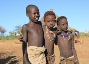 Southern Ethiopia, Omo region three children of the Hammer people, Ethiopia, Africa