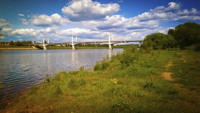 City of Kimry-Savelovo, Tver region, bridge over the Volga river, mobile photo