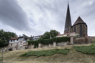 Old town, city wall and St Peter's Church, Rostock, Mecklenburg-Western Pomerania, Germany, Europe