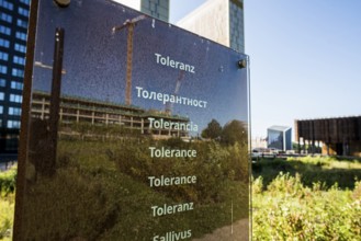 Stele with the inscription Tolerance, European Court of Justice, ECJ, Kirchberg Plateau, Luxembourg