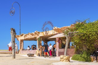 Bar and restaurant Sunset Ashram on the beach of Cala Comte bay, Ibiza, Balearic Islands,