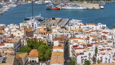 Above the rooftops of the old town of Eivissa, Ibiza Town, with views of the harbour, Ibiza,