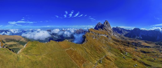 The peaks Sas Rigais and Furchetta of the Geisler group, wide-angle panoramic photo, drone photo,