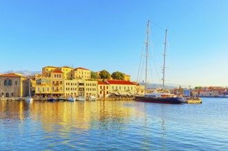 View of the old Venetian Harbour, Chania, Crete, Greek Islands, Greece, Europe