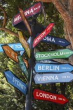 Close-up of signpost with colourful arrow markers indicating distances in kilometres to various