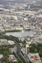 Aerial view of the Inner Alster Lake with CCH Hamburg, Jungfernstieg, Speicherstadt and Elbe,