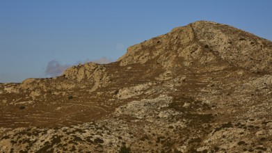 Hilly landscape under a clear sky in the early morning, Morning mountain landscape, Lastos, Island