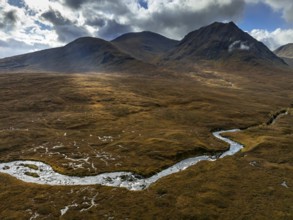 Morning light, cloudy mood, sunbeams, river, moor, mountain landscape, aerial view, autumn, Glen