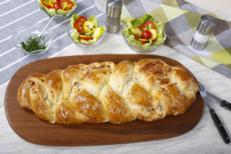 Swabian cuisine, hearty yeast plait with smoked meat, salty wreath bread, yeast yeast dough pastry,