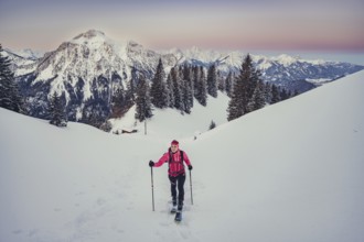 A woman's ski tour at sunrise on the Tegelberg in the Allgäu in the Ammergebirge, Bavaria, Germany,