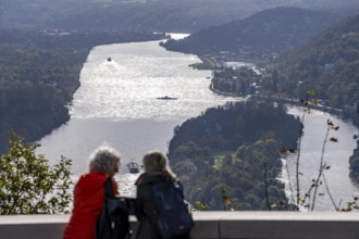 View from the Drachenfels plateau, on the Rhine to the south, tourists, the Drachenfels is a